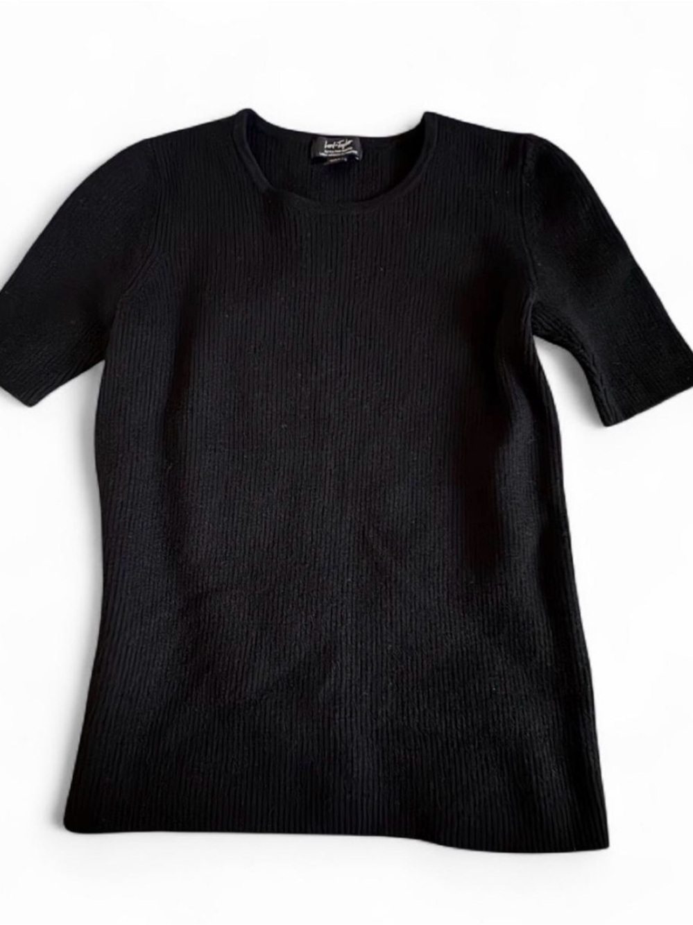 Lord & Taylor Classic Black Ribbed Short-Sleeve Merino Wool Knit Top Sz L